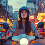 a woman riding a scooter