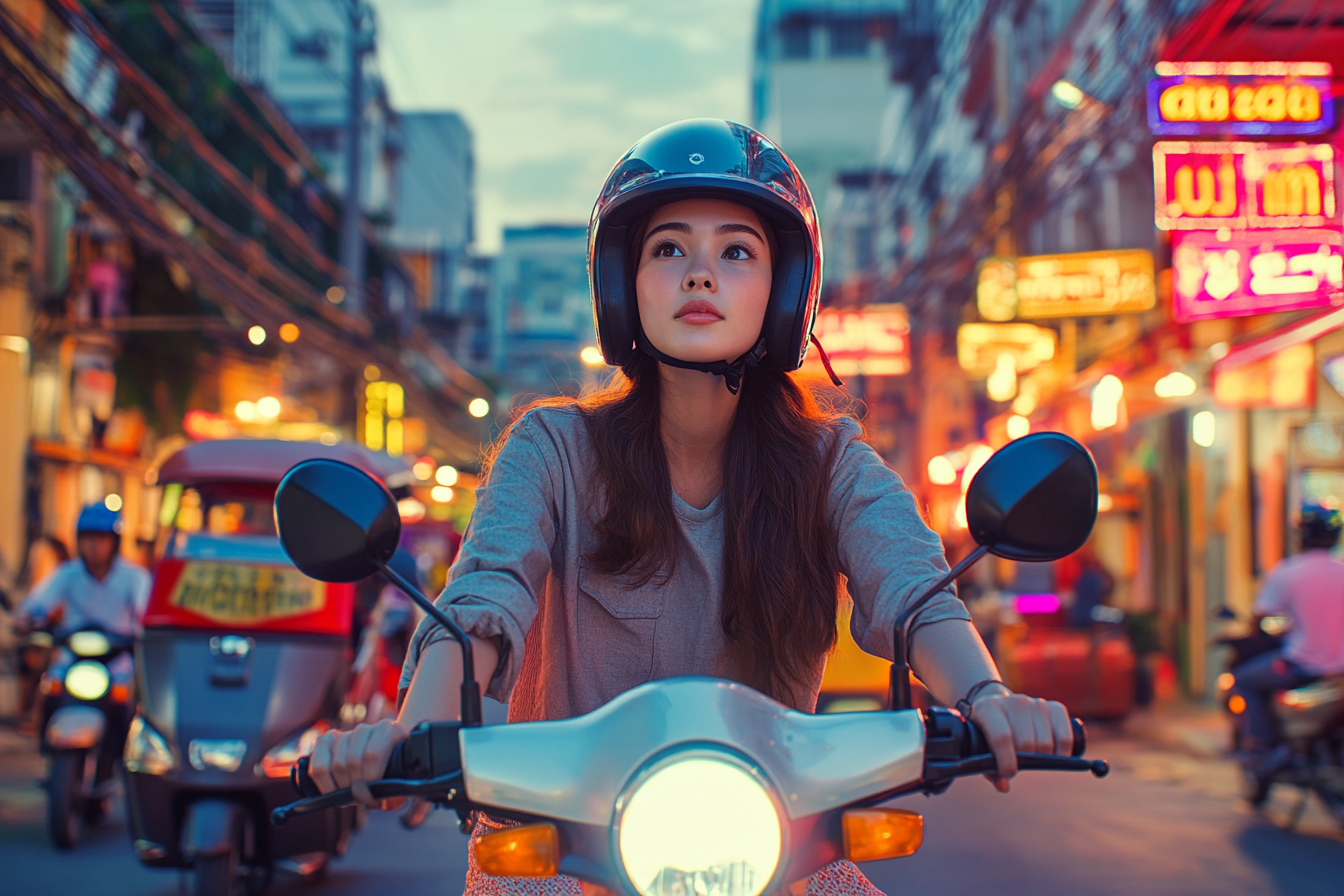 a woman riding a scooter