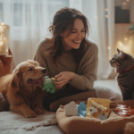 a woman and a cat playing with a dog