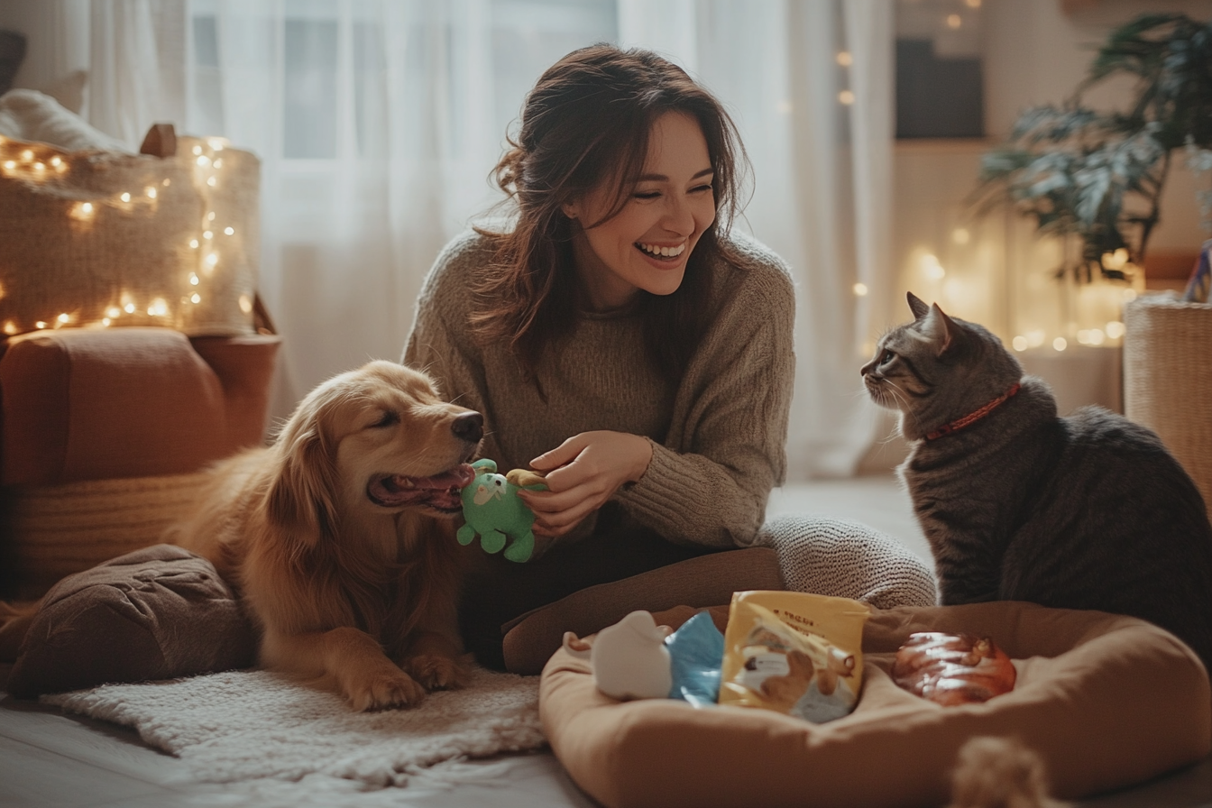 a woman and a cat playing with a dog