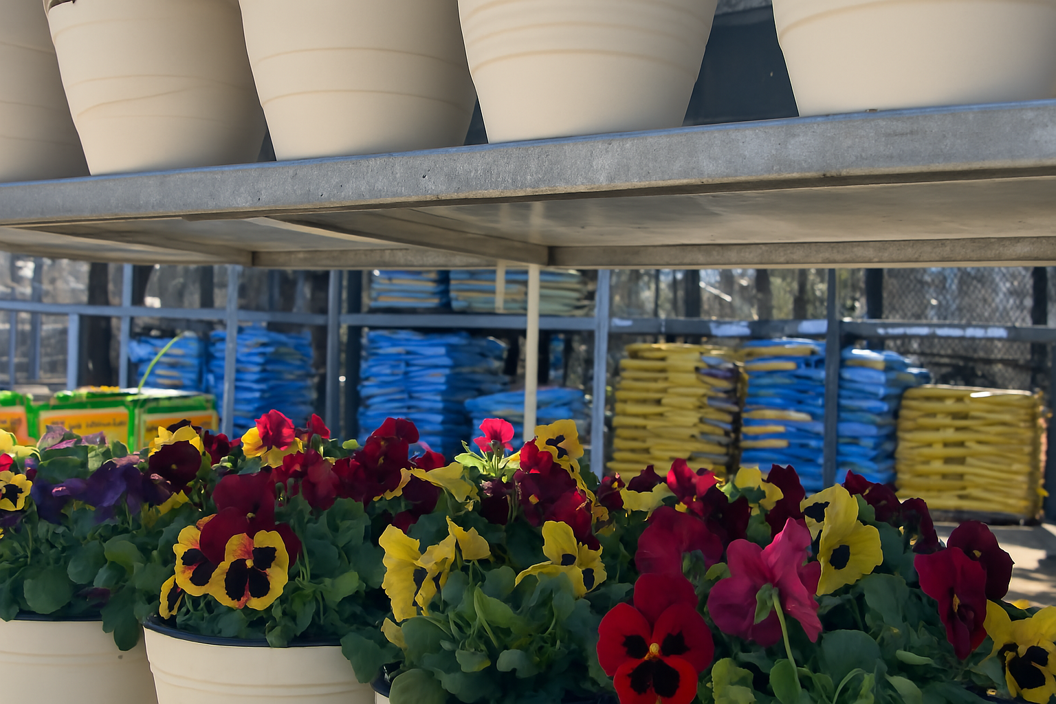 Colorful pansies in spring planters at Home Depot garden center