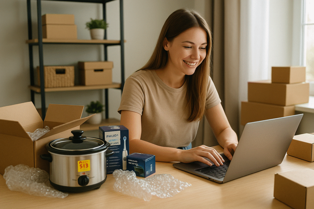 A woman runs a small home business by flipping Walmart clearance deals, sitting at her desk surrounded by boxes, a slow cooker, and packaged electronics, listing items online.
