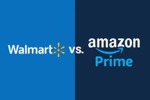 Walmart Plus vs Amazon Prime logos side by side