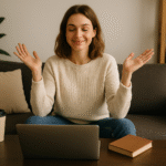 A smiling woman relaxing at home with a laptop, coffee, and a book nearby.