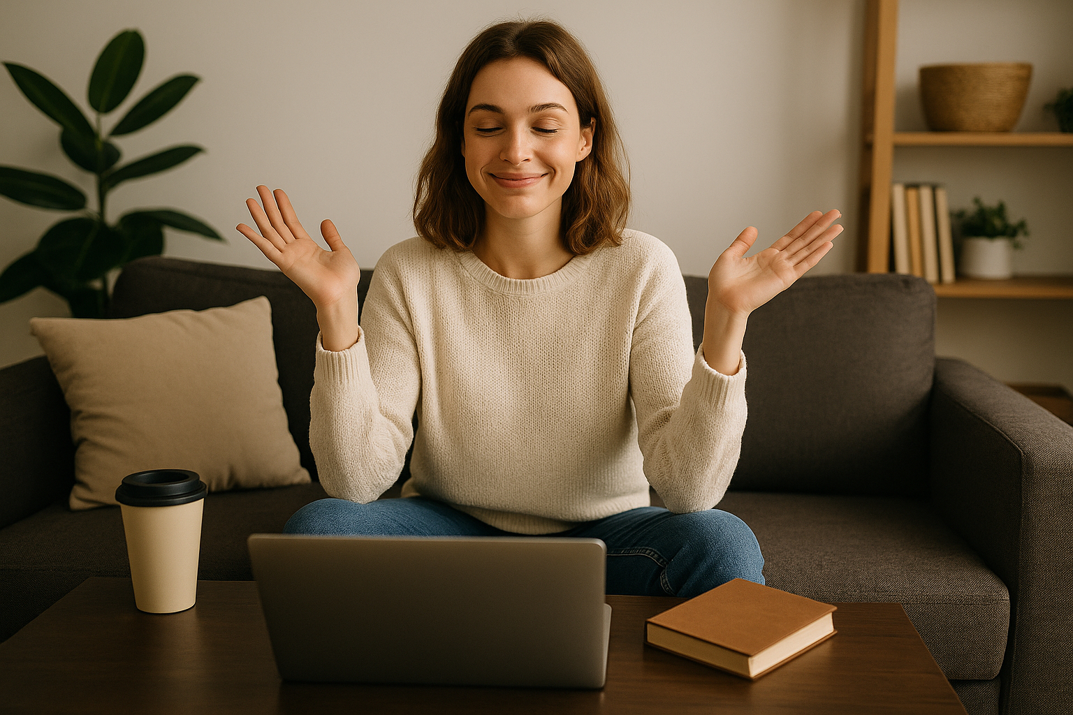A smiling woman relaxing at home with a laptop, coffee, and a book nearby.